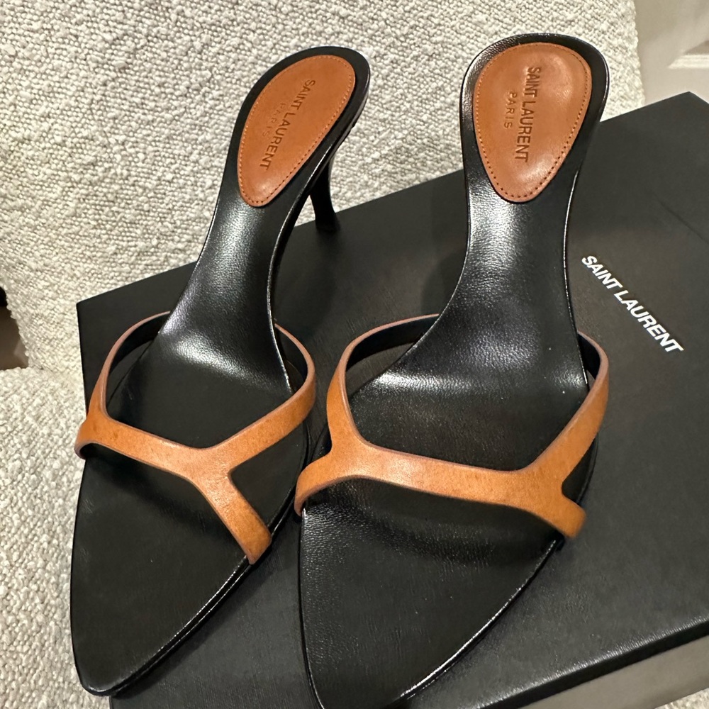 Yves Saint Laurent Black Leather Heels with Brown Straps. Box not included
